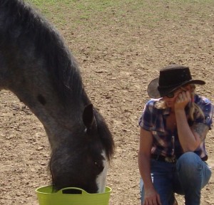 charlie eating from green bucket,with Rachel looking on.